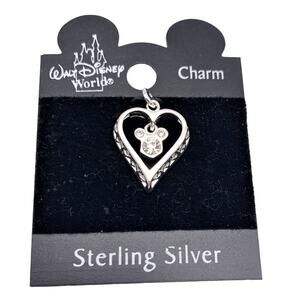 Disney World Sterling Silver Heart & Crystal Mickey Head Charm NEW